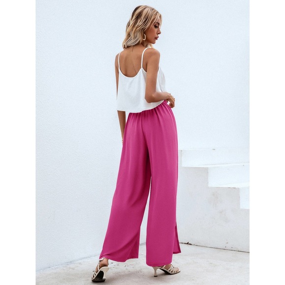 2 piece set: Cami crop Top & Belted Split thigh wide leg Pants hot pink - Picture 2 of 11